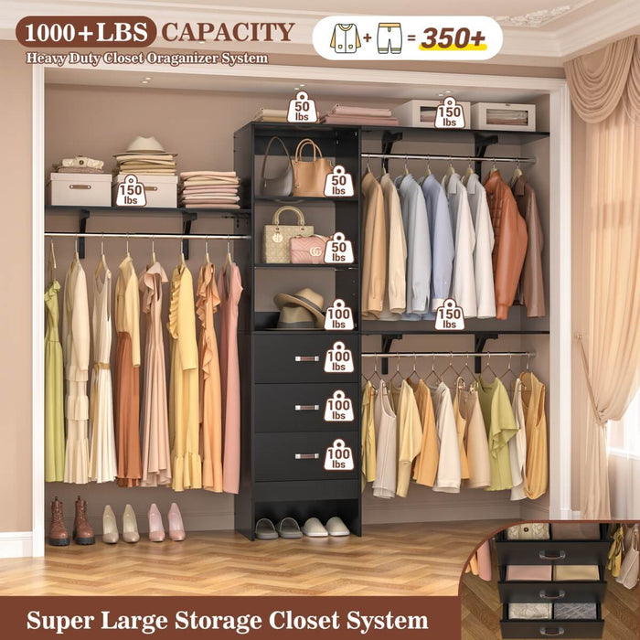 96'' Closet Organizer System with 3 Drawers and Shelf Towers