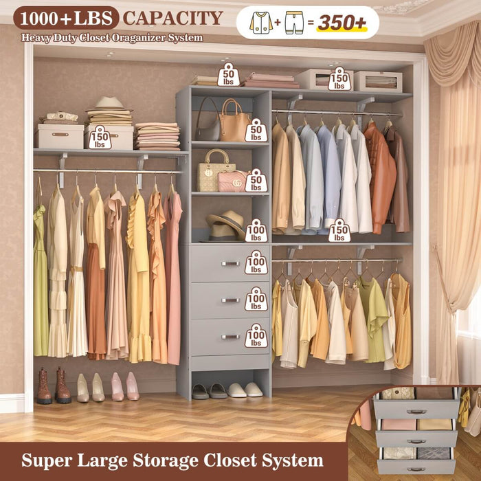96'' Closet Organizer System with 3 Drawers and Shelf Towers