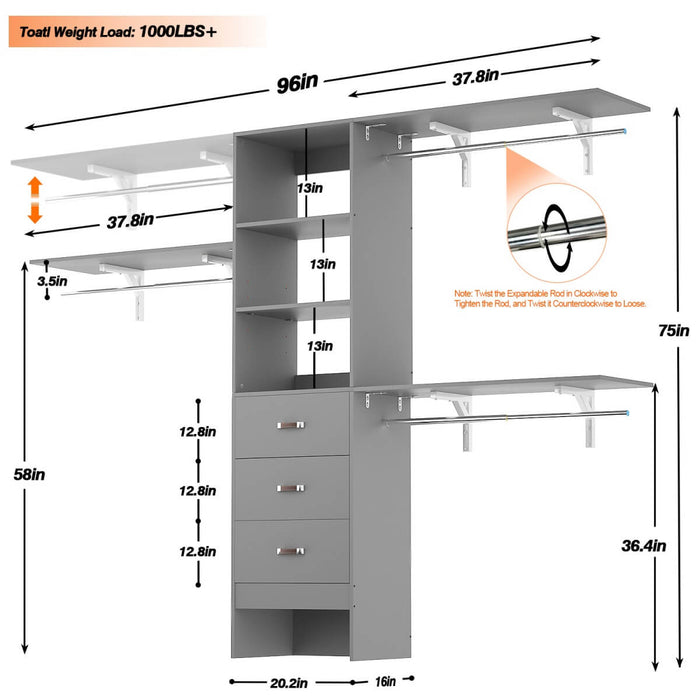 96'' Closet Organizer System with 3 Drawers and Shelf Towers