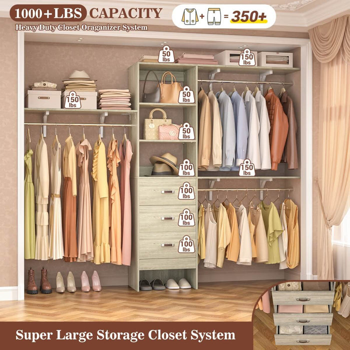 96'' Closet Organizer System with 3 Drawers and Shelf Towers