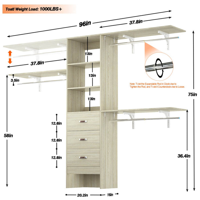 96'' Closet Organizer System with 3 Drawers and Shelf Towers