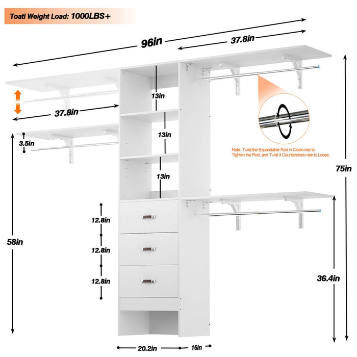 96'' Closet Organizer System with 3 Drawers and Shelf Towers