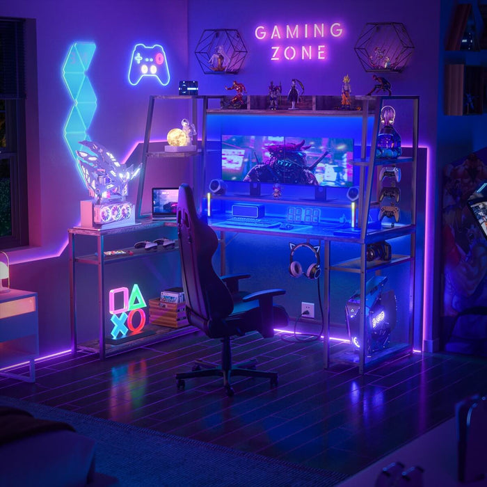 L Shaped Gaming Desk with Hutch, Corner Desk with Charge Station, LED Light