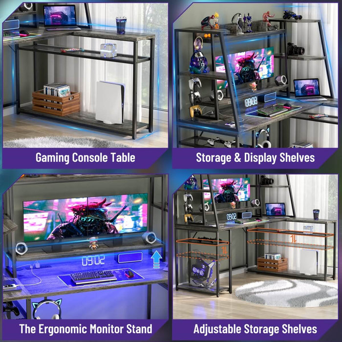 L Shaped Gaming Desk with Hutch, Corner Desk with Charge Station, LED Light