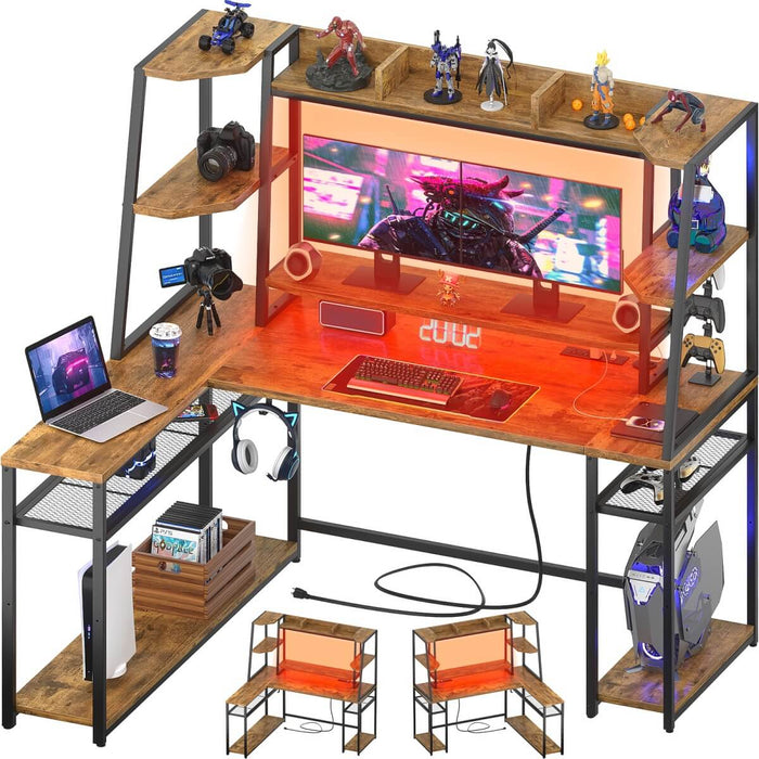 L Shaped Gaming Desk with Hutch, Corner Desk with Charge Station, LED Light