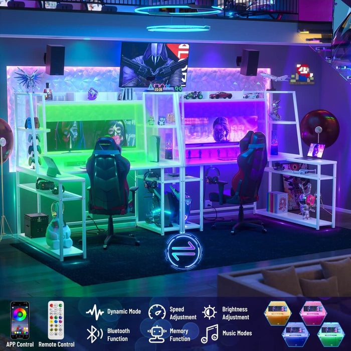 L Shaped Gaming Desk with Hutch, Corner Desk with Charge Station, LED Light