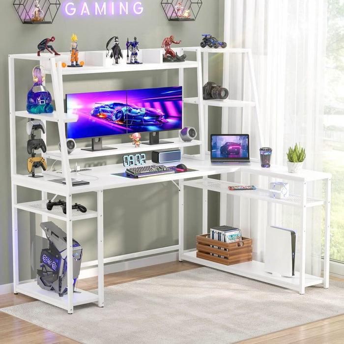 L Shaped Gaming Desk with Hutch, Corner Desk with Charge Station, LED Light