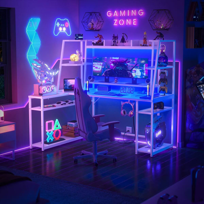 L Shaped Gaming Desk with Hutch, Corner Desk with Charge Station, LED Light