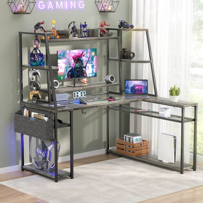 L Shaped Desk with LED Lights & Charging Station, Corner Desk with Hutch & Shelves