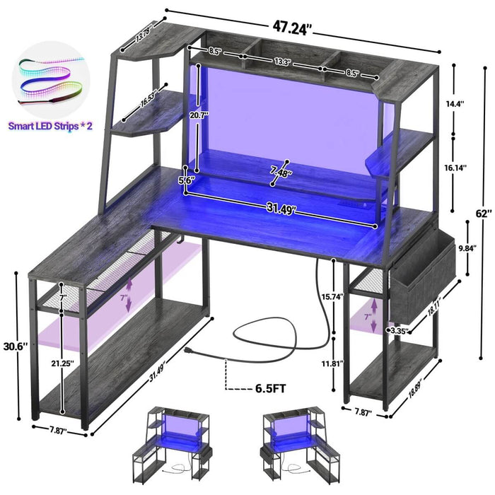 L Shaped Desk with LED Lights & Charging Station, Corner Desk with Hutch & Shelves