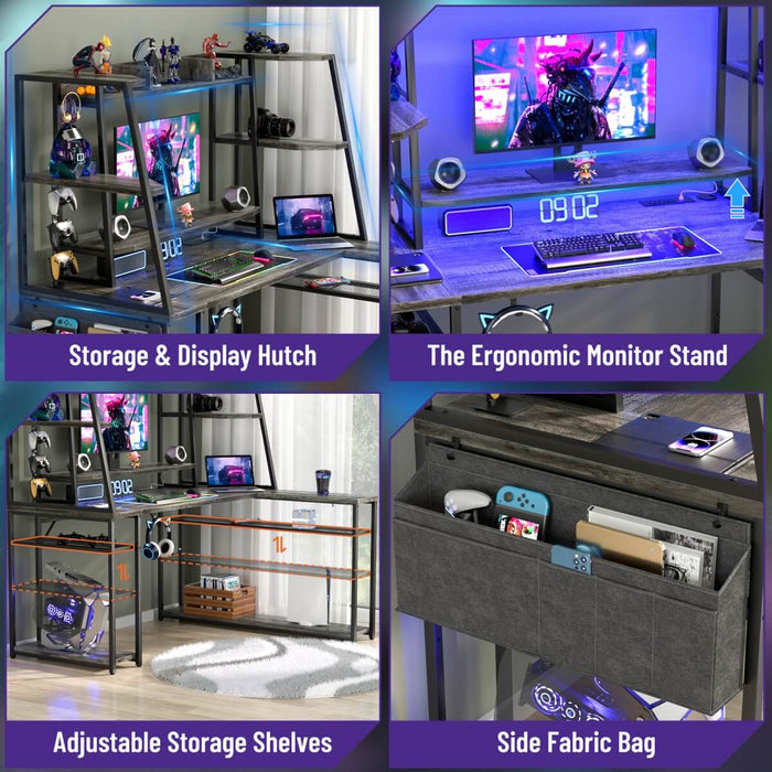 L Shaped Desk with LED Lights & Charging Station, Corner Desk with Hutch & Shelves