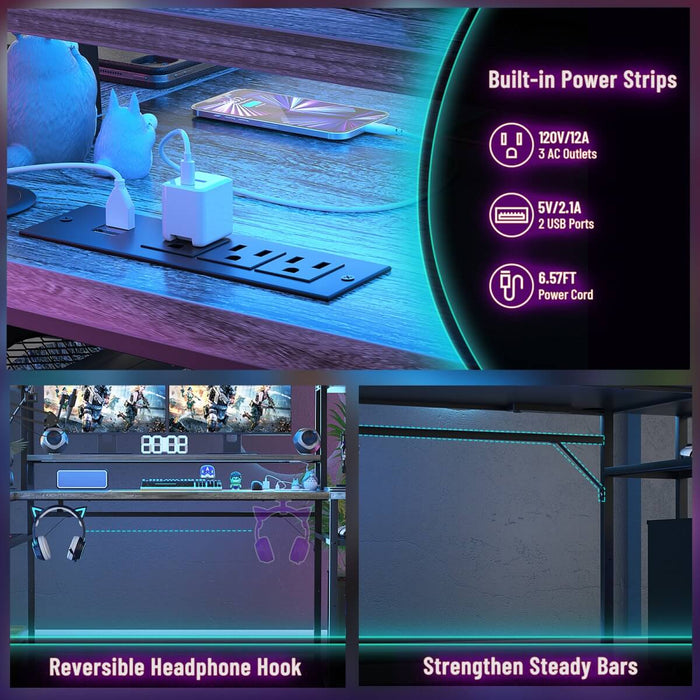 L Shaped Desk with LED Lights & Charging Station, Corner Desk with Hutch & Shelves