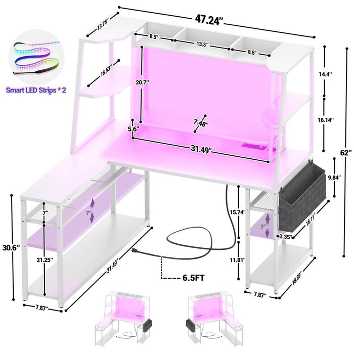 L Shaped Desk with LED Lights & Charging Station, Corner Desk with Hutch & Shelves