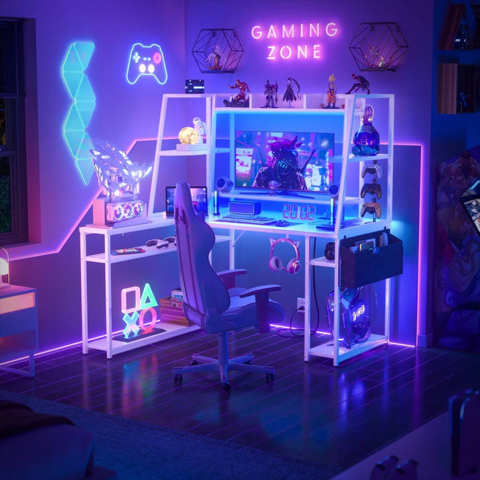 L Shaped Desk with LED Lights & Charging Station, Corner Desk with Hutch & Shelves