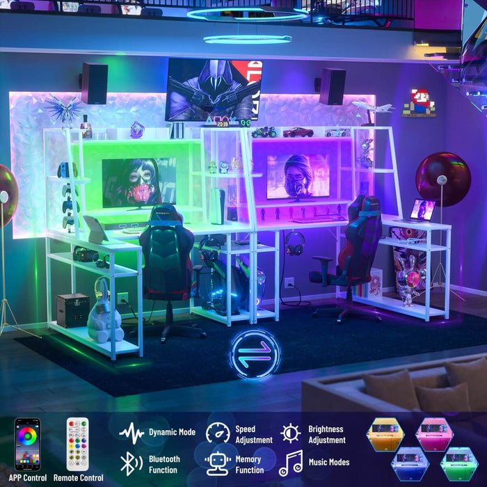 L Shaped Desk with LED Lights & Charging Station, Corner Desk with Hutch & Shelves