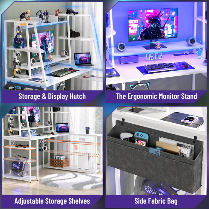 L Shaped Desk with LED Lights & Charging Station, Corner Desk with Hutch & Shelves