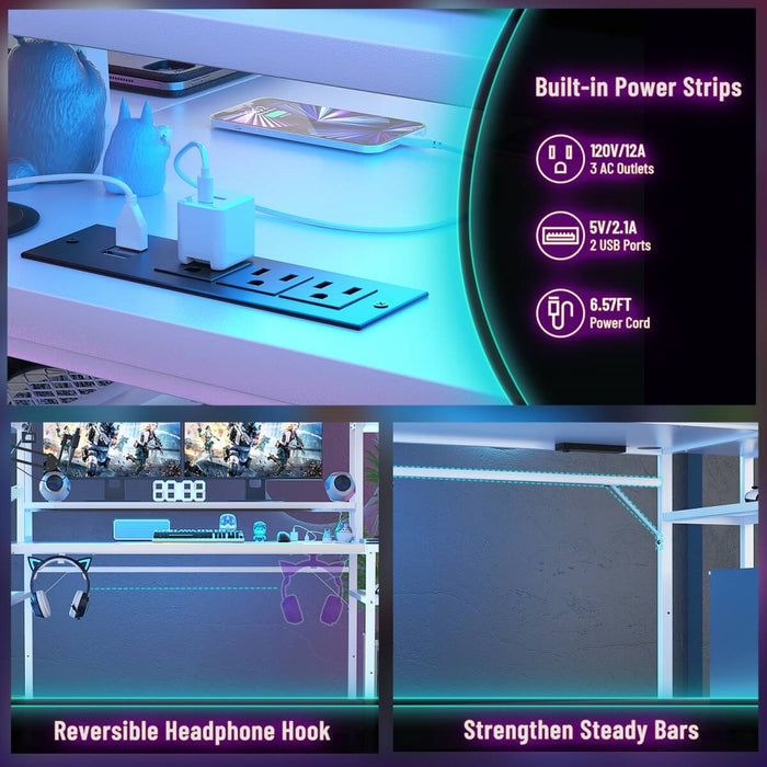 L Shaped Desk with LED Lights & Charging Station, Corner Desk with Hutch & Shelves