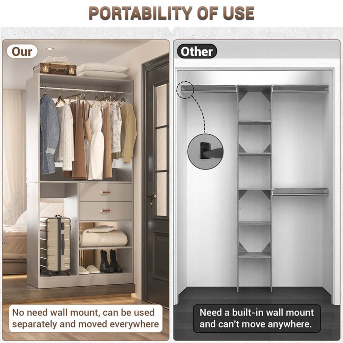 40'' Freestanding Closet Organizer System with Hanging Rods, Drawers, Storage Shelves