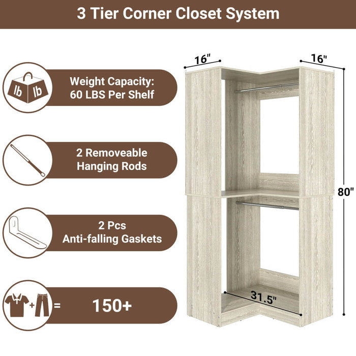 31.5'' Freestanding Corner Closet Organizer with Hanging Rods, Space-saving Closet System for Walk-in Closet