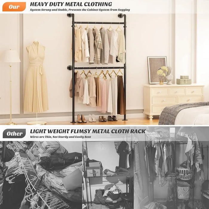 3.5 - 13 FT Wall Mounted Industrial Metal Pipe Clothing Rack, Reversible