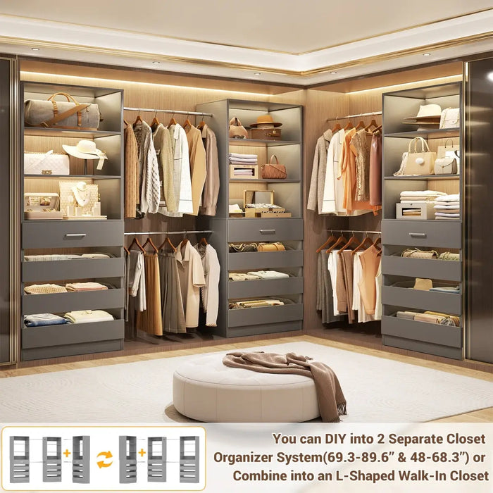 8.5-11.5Ft Wood Closet Organizer System with 12 Drawers and 4 Hanging Rods