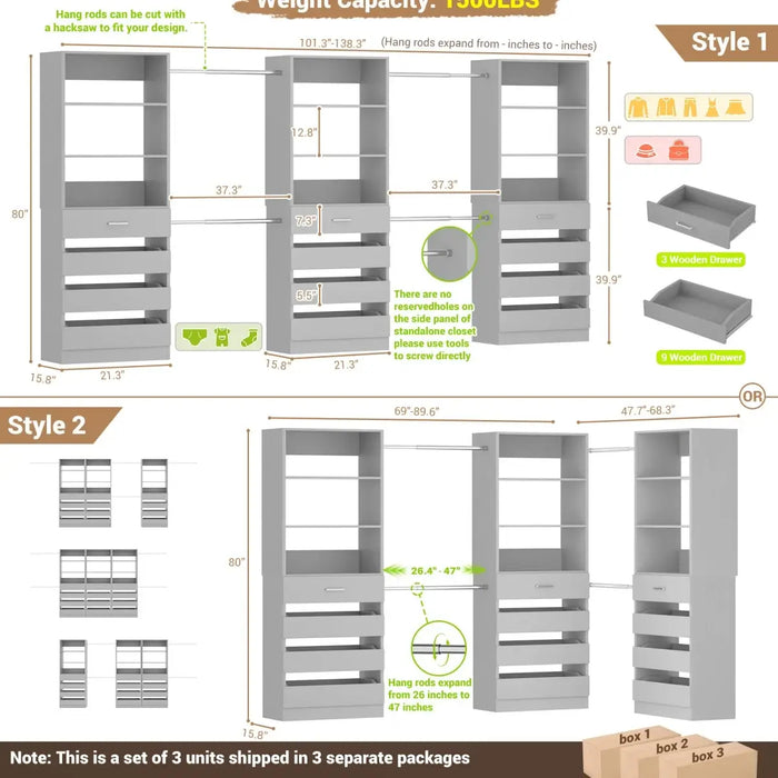 8.5-11.5Ft Wood Closet Organizer System with 12 Drawers and 4 Hanging Rods