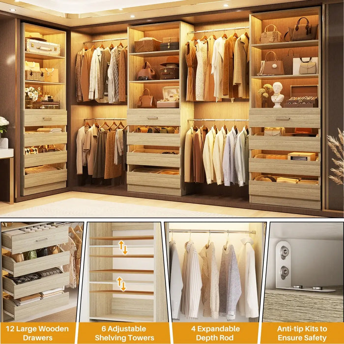 8.5-11.5Ft Wood Closet Organizer System with 12 Drawers and 4 Hanging Rods
