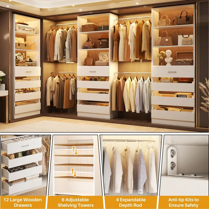 8.5-11.5Ft Wood Closet Organizer System with 12 Drawers and 4 Hanging Rods