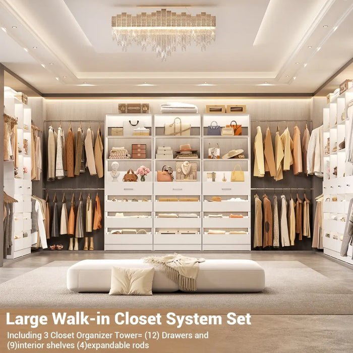 8.5-11.5Ft Wood Closet Organizer System with 12 Drawers and 4 Hanging Rods