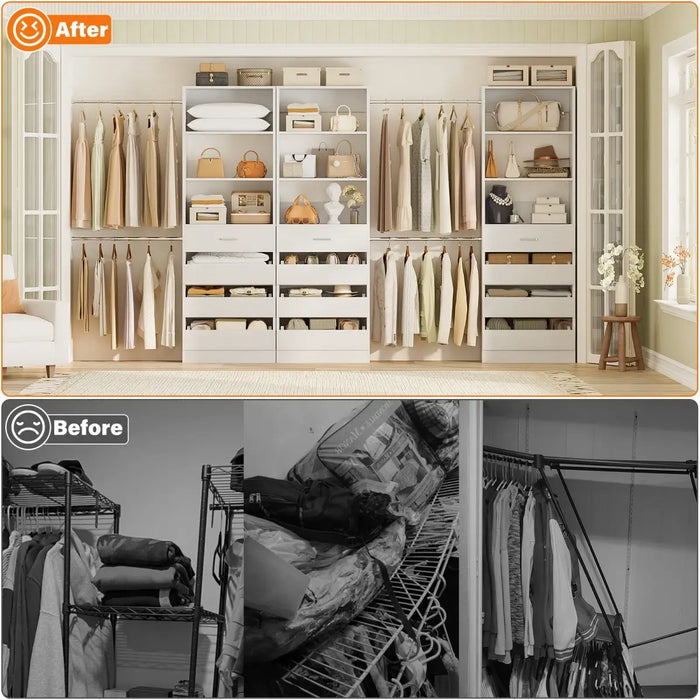 8.5-11.5Ft Wood Closet Organizer System with 12 Drawers and 4 Hanging Rods