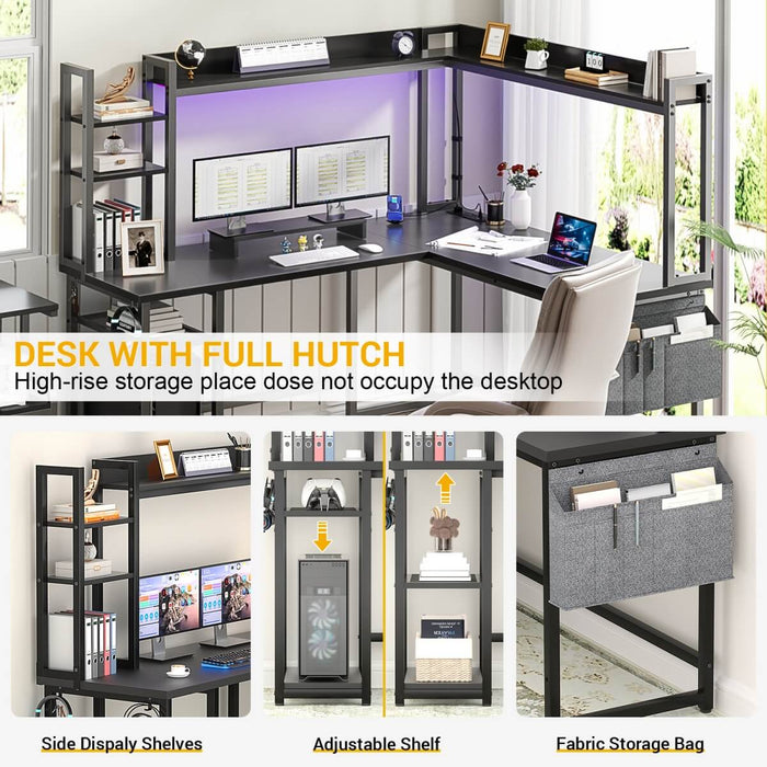 L-Shaped Desk with Power Outlet, LED Light & Hutch - Reversible, with Monitor Stand, Storage Shelves