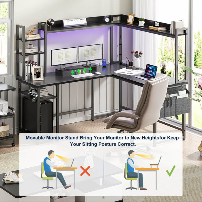L-Shaped Desk with Power Outlet, LED Light & Hutch - Reversible, with Monitor Stand, Storage Shelves