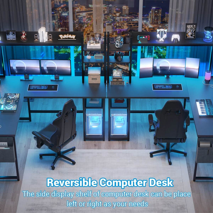 L-Shaped Desk with Power Outlet, LED Light & Hutch - Reversible, with Monitor Stand, Storage Shelves