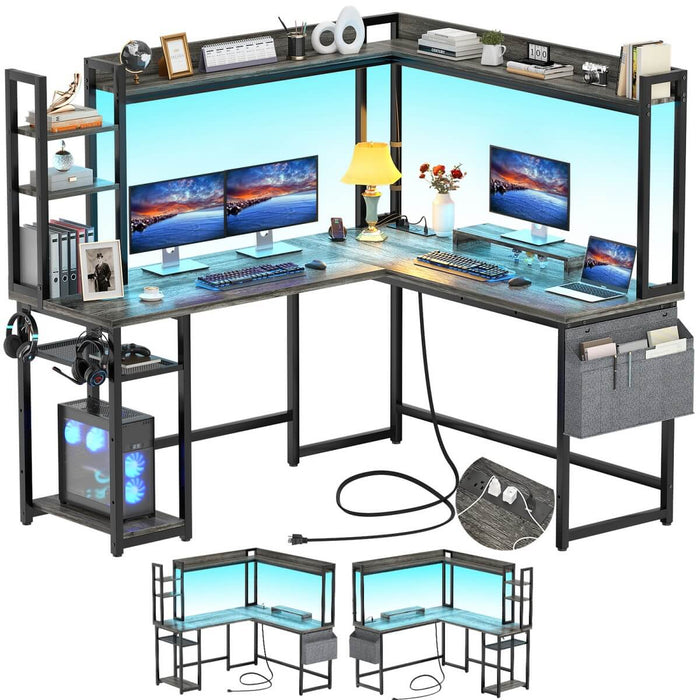 L-Shaped Desk with Power Outlet, LED Light & Hutch - Reversible, with Monitor Stand, Storage Shelves