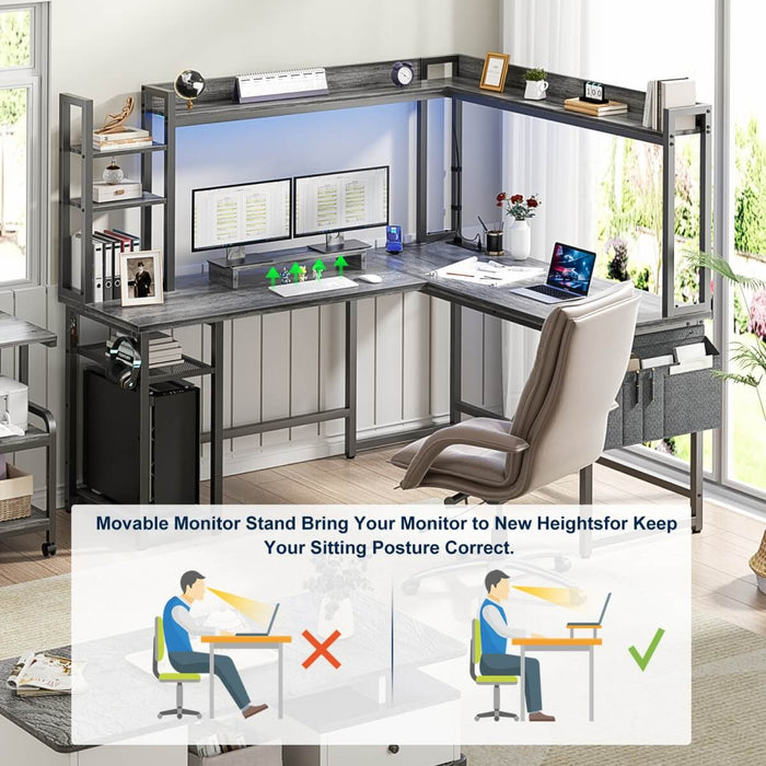 L-Shaped Desk with Power Outlet, LED Light & Hutch - Reversible, with Monitor Stand, Storage Shelves