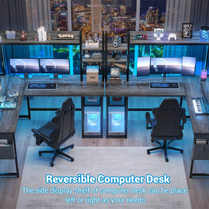 L-Shaped Desk with Power Outlet, LED Light & Hutch - Reversible, with Monitor Stand, Storage Shelves