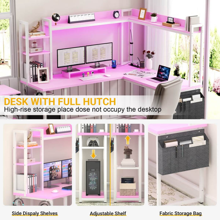 L-Shaped Desk with Power Outlet, LED Light & Hutch - Reversible, with Monitor Stand, Storage Shelves