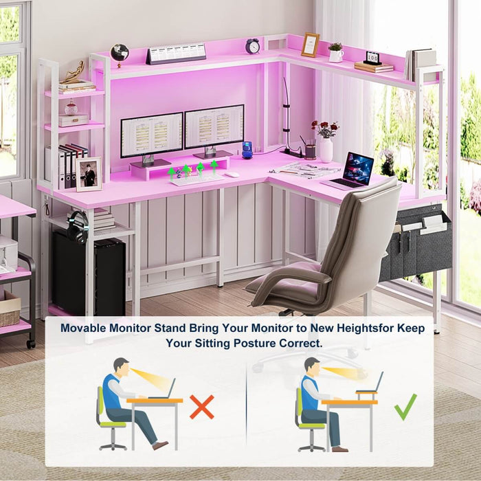 L-Shaped Desk with Power Outlet, LED Light & Hutch - Reversible, with Monitor Stand, Storage Shelves