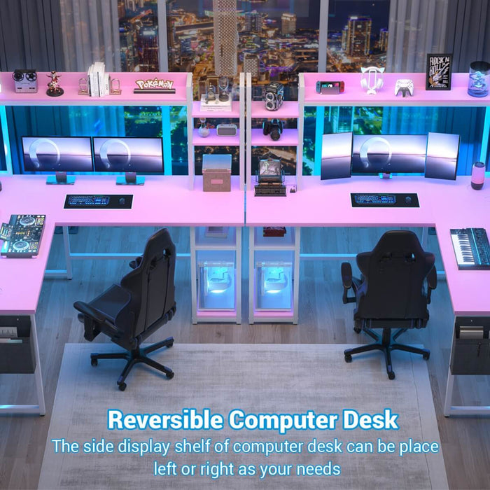 L-Shaped Desk with Power Outlet, LED Light & Hutch - Reversible, with Monitor Stand, Storage Shelves