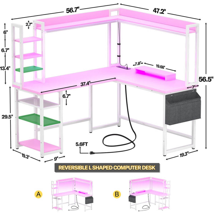 L-Shaped Desk with Power Outlet, LED Light & Hutch - Reversible, with Monitor Stand, Storage Shelves