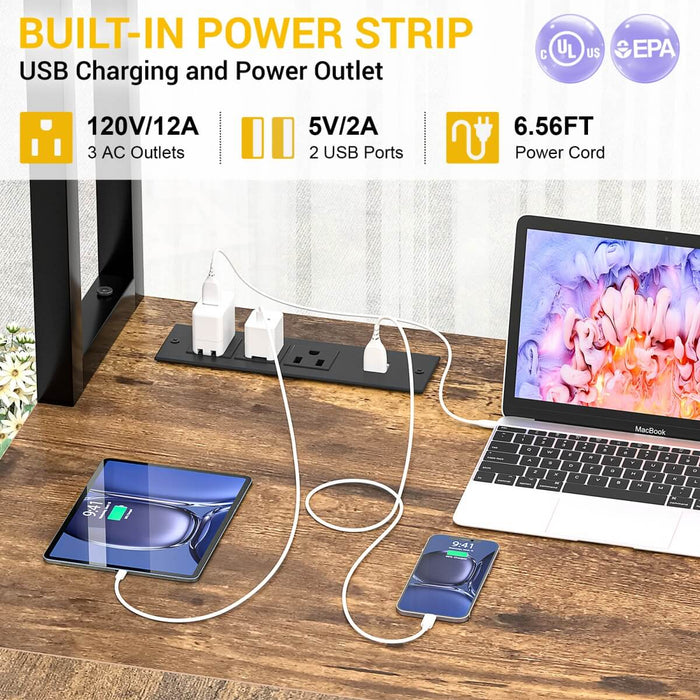 L-Shaped Desk with Power Outlet, LED Light & Hutch - Reversible, with Monitor Stand, Storage Shelves