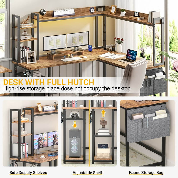 L-Shaped Desk with Power Outlet, LED Light & Hutch - Reversible, with Monitor Stand, Storage Shelves