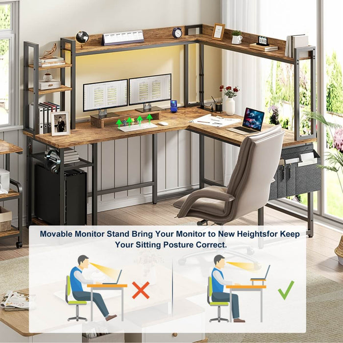 L-Shaped Desk with Power Outlet, LED Light & Hutch - Reversible, with Monitor Stand, Storage Shelves