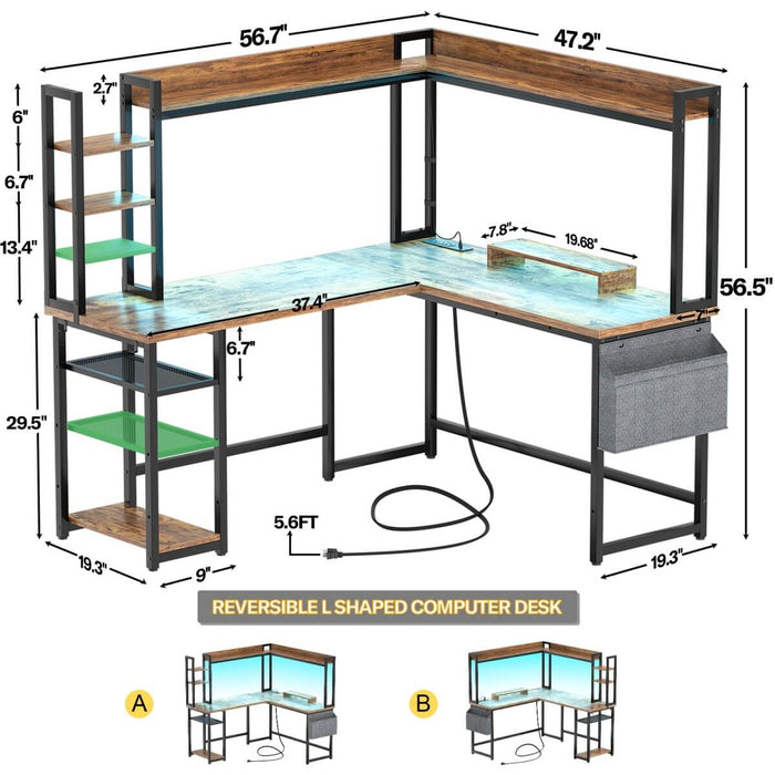 L-Shaped Desk with Power Outlet, LED Light & Hutch - Reversible, with Monitor Stand, Storage Shelves