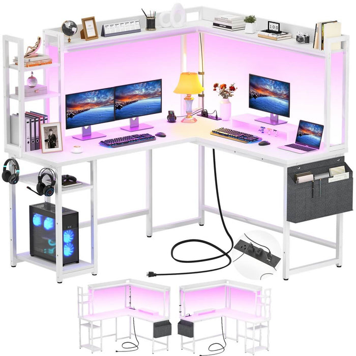 L-Shaped Desk with Power Outlet, LED Light & Hutch - Reversible, with Monitor Stand, Storage Shelves
