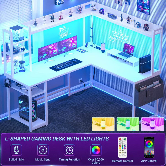 L-Shaped Desk with Power Outlet, LED Light & Hutch - Reversible, with Monitor Stand, Storage Shelves