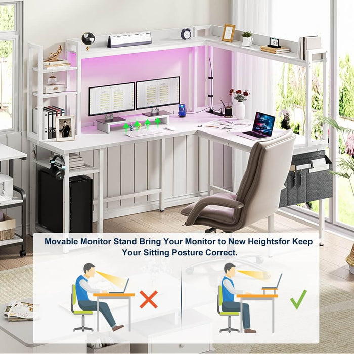 L-Shaped Desk with Power Outlet, LED Light & Hutch - Reversible, with Monitor Stand, Storage Shelves