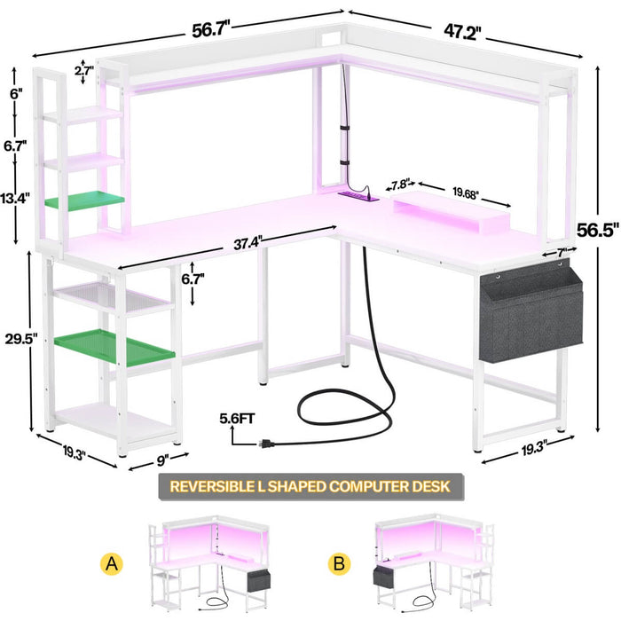 L-Shaped Desk with Power Outlet, LED Light & Hutch - Reversible, with Monitor Stand, Storage Shelves