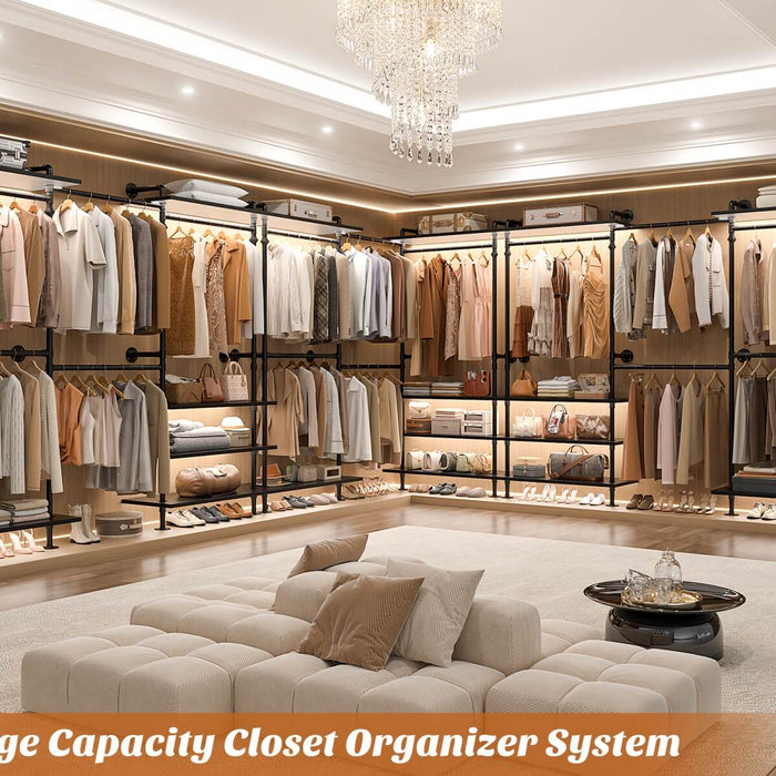 Expandable Industrial Pipe Clothing Rack, with 6 Storage Shelves