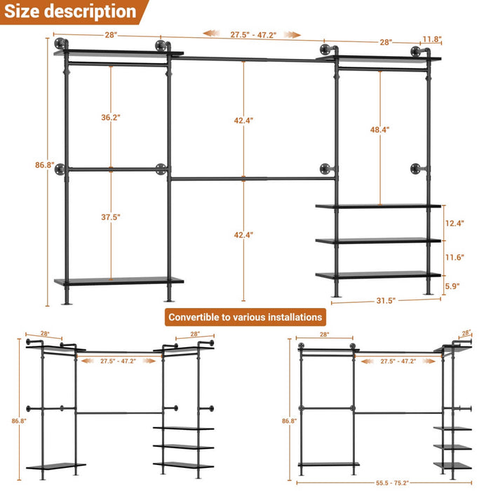 Expandable Industrial Pipe Clothing Rack, with 6 Storage Shelves